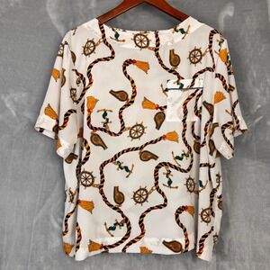 Venezia Nautical Blouse Women 40 (XXL) White Rope Anchor Print Short Sleeve Top